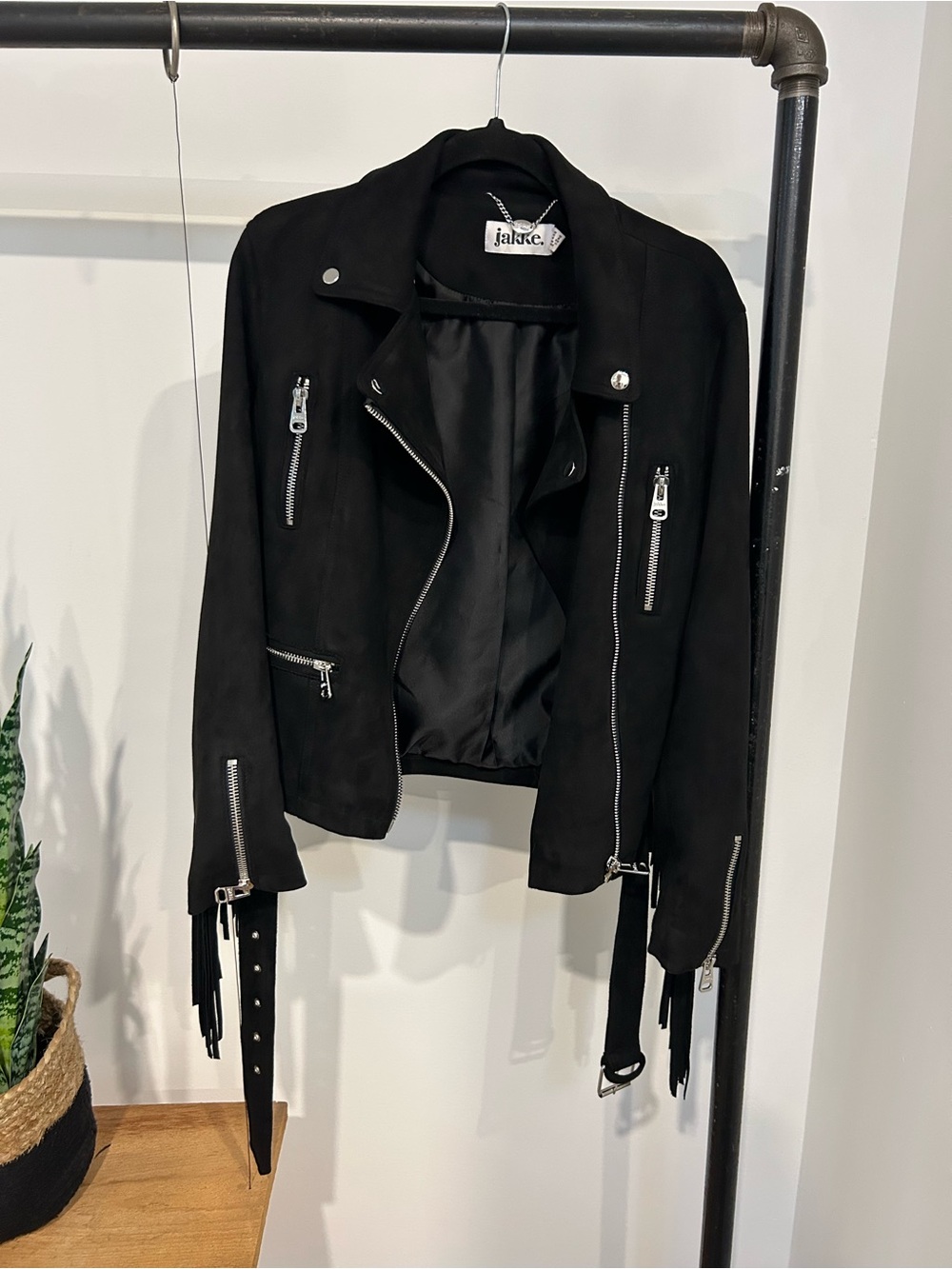 Black Suede Moto Jacket with Fringe